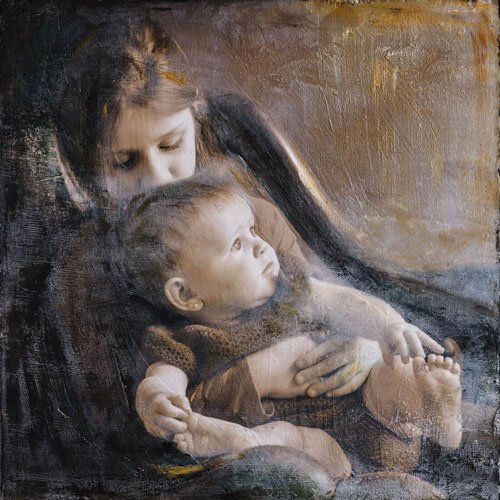 Mixed media portrait of two young sisters holding hands and smiling, dressed in playful outfits, created by Jerome Art Photography.
