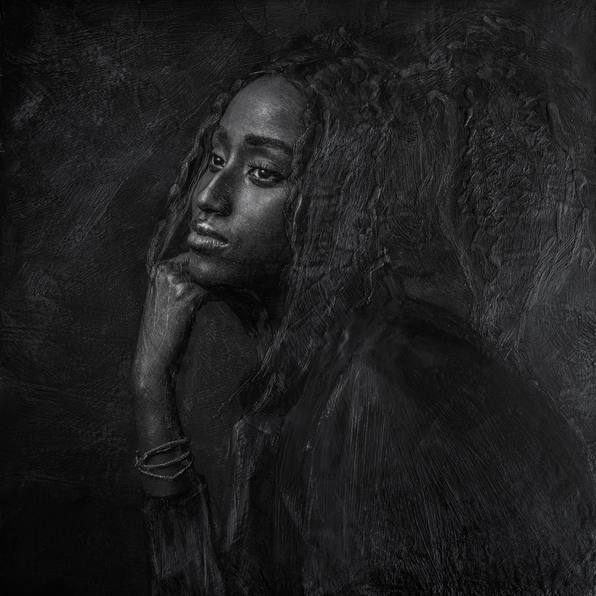 Black-and-white mixed media portrait of a woman with braided hair, resting her chin on her hand in a contemplative pose, by Jerome Art Photography.