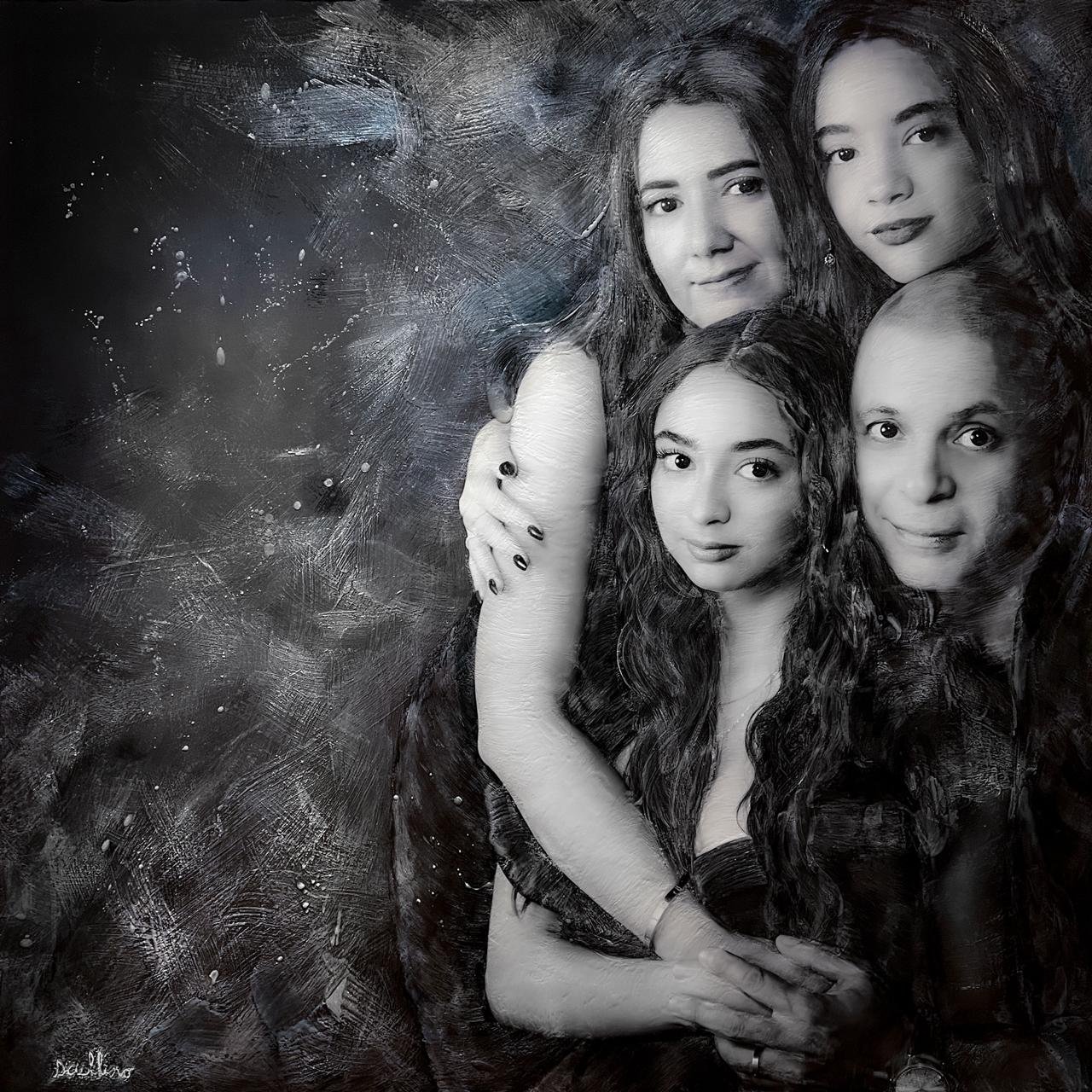 Mixed media portrait of a family of four with layered textures and painterly brushstrokes, capturing warmth and togetherness, by Jerome Art Photography.