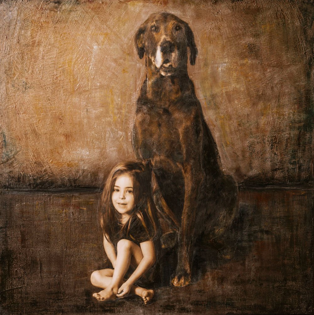 Girl and Dog – Mixed Media Fine Art Portrait Mixed media portrait of a young girl sitting beside a large dog, both with warm, painterly textures and earthy tones, by Jerome Art Photography.